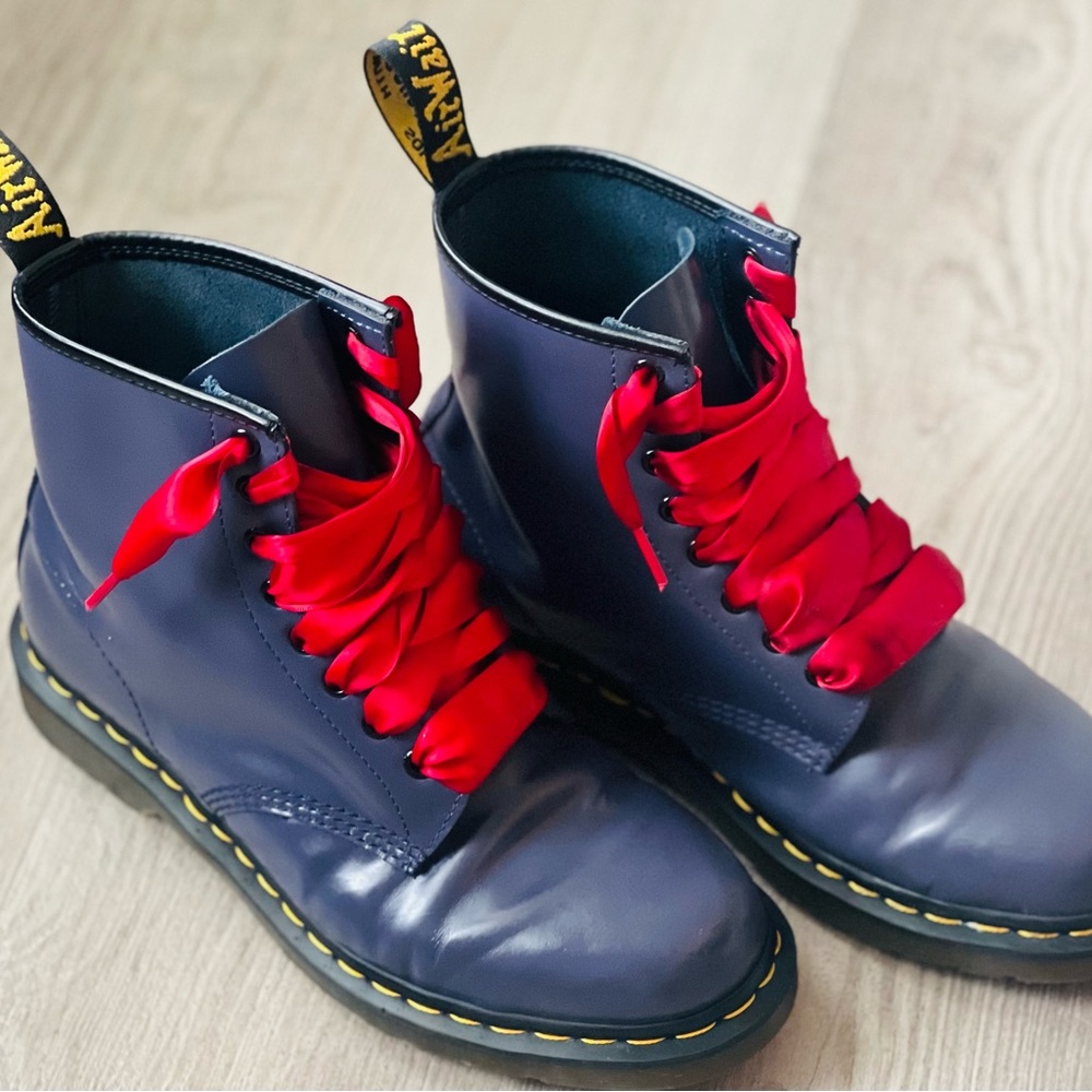 Dr. Martens 1460 Smooth Leather Lace Up Boot in Indigo with red ribbon laces